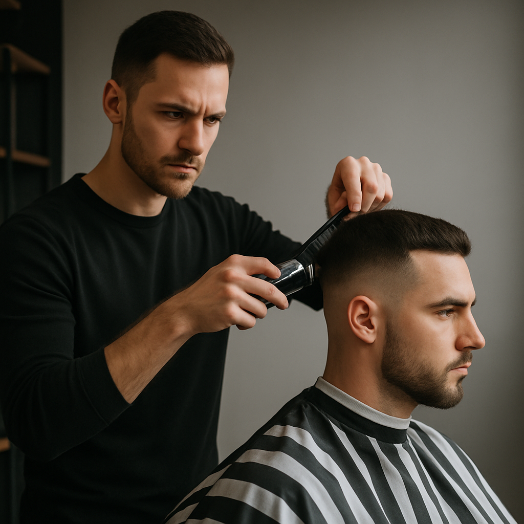 Professional barber performing a precise fade haircut